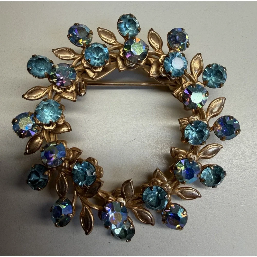 Vintage Brooch Pin Lot 8pc Rhinestone Floral AB Crystal Gold Silver Tone Estate
